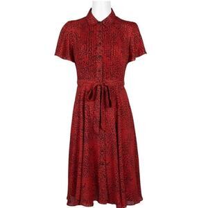 Nanette Lenore Dress Size 8 Leopard Print Collared Red Short Sleeve Button Front